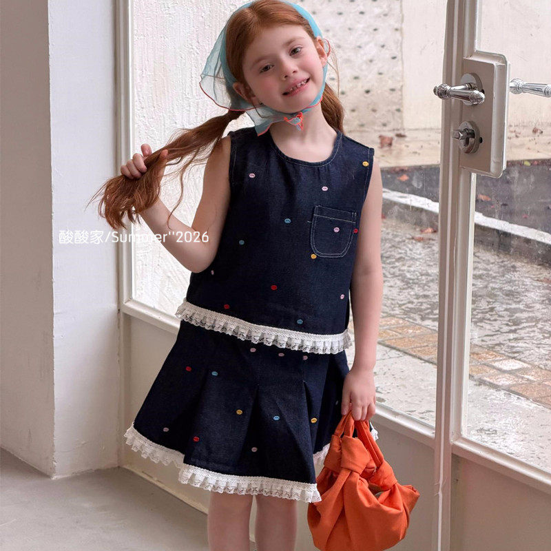 女童深蓝色牛仔刺绣背心短裙两件套夏季新品韩系女宝宝小花边套装