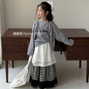 女童灰色卡通KT猫休闲开衫两件套春季新品韩系女宝宝格子半身裙