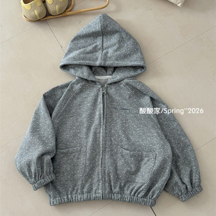 女童灰色波点连帽开衫春季新品韩系女宝宝休闲宽松针织外套洋气