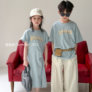 儿童蓝色字母休闲兄妹装夏季新品韩系女童纯色宽松短袖T恤裙子