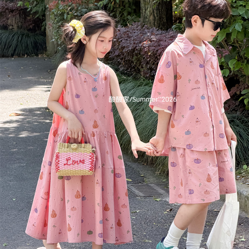 儿童粉色无袖背心裙兄妹装夏季新品韩系男女童短袖短裤两件套洋气