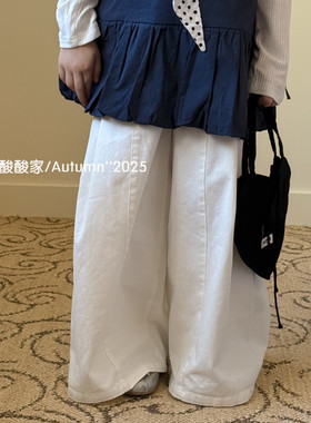 儿童纯色休闲棉布直筒裤秋季新品男女童白色拼接宽松阔腿裤长裤潮