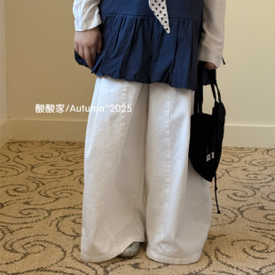 儿童纯色休闲棉布直筒裤秋季新品男女童白色拼接宽松阔腿裤长裤潮