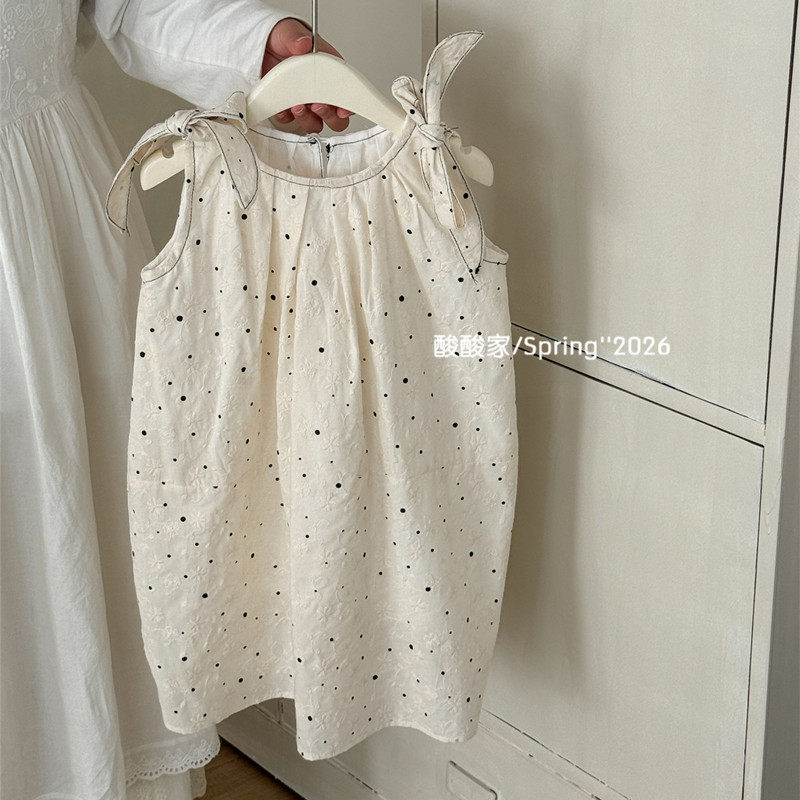 女童米色波点纯棉吊带裙春季新品韩系女宝宝无袖系带挂脖连衣裙