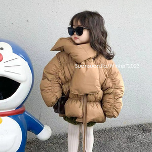 韩系童装女童奶呼呼的面包羽绒服冬季新品儿童焦糖色围脖白鸭绒外