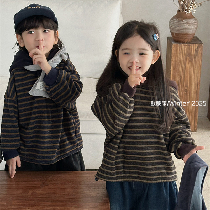儿童条纹加绒连帽卫衣