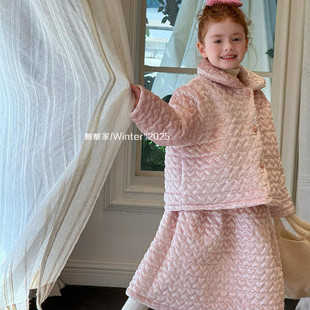 女童粉色丝绒套装冬季新品韩系女宝宝可爱夹棉外套半裙两件套洋气