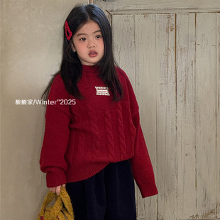 韩系女宝宝软糯套头麻花毛衣百搭 新品 女童复古贴布针织衫 上衣冬季