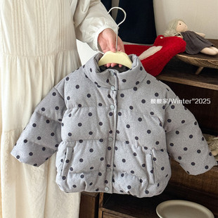 女童灰色大波点短款羽绒服冬季新品韩系女宝宝保暖立领白鸭绒外套