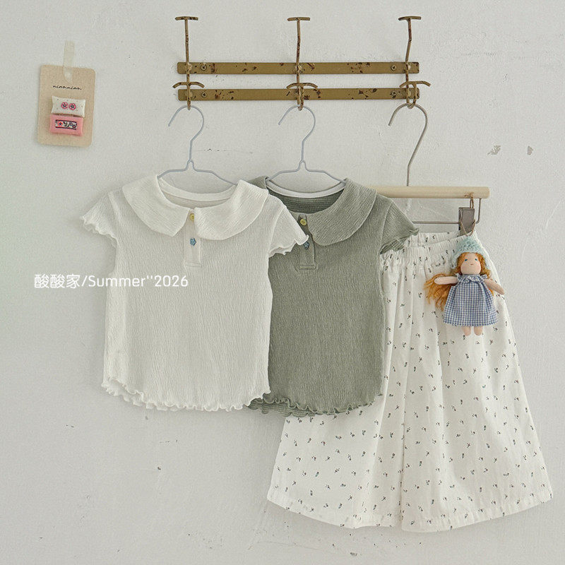 女童镜面密边柔软短袖T恤夏季新品韩系女宝宝舒适娃娃领翻领上衣
