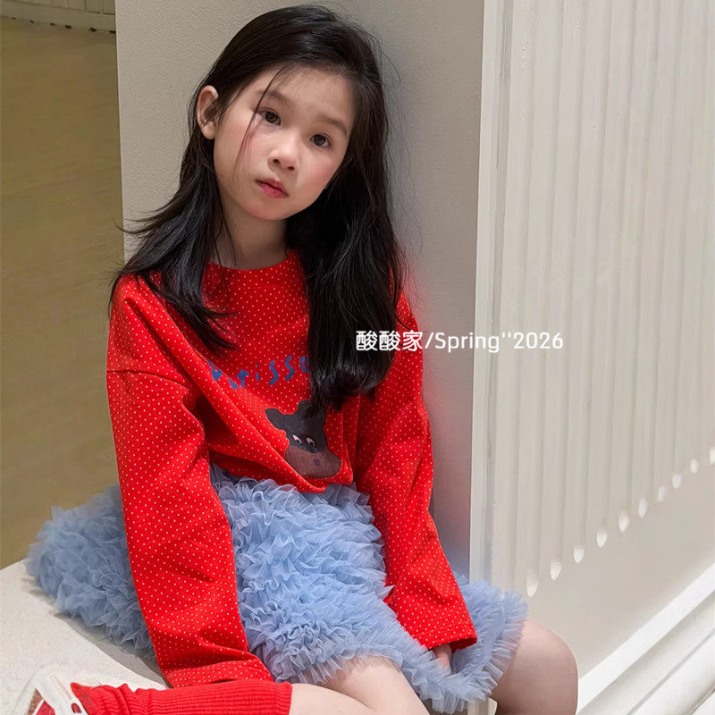 女童圆点卡通小熊长袖T恤春季新品韩系儿童圆领休闲宽松上衣洋气