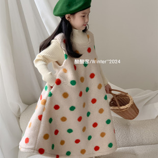 羊羔毛连衣裙 女宝宝无袖 韩系童装 女童彩色圆点毛毛背心裙秋冬新品