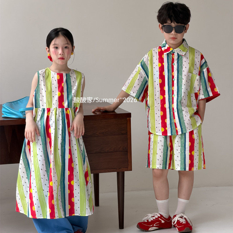 儿童彩色竖条纹背心裙夏季新品男女童短袖衬衫短裤两件套兄妹装韩