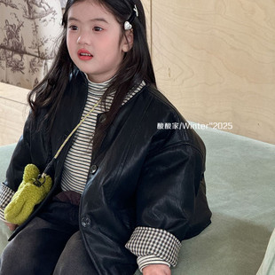 女童复古黑色拼格加厚pu皮衣冬季 韩系儿童休闲保暖夹克外套潮 新品