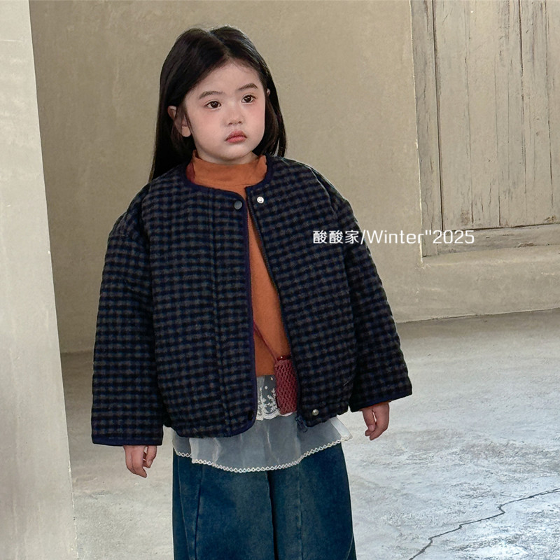 女童森系复古格子棉服冬季新品韩系女宝宝潮范夹棉短款棉外套洋气