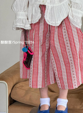 女童红色格纹碎花七分裤春季新品韩系女宝宝宽松阔腿裤洋气时髦