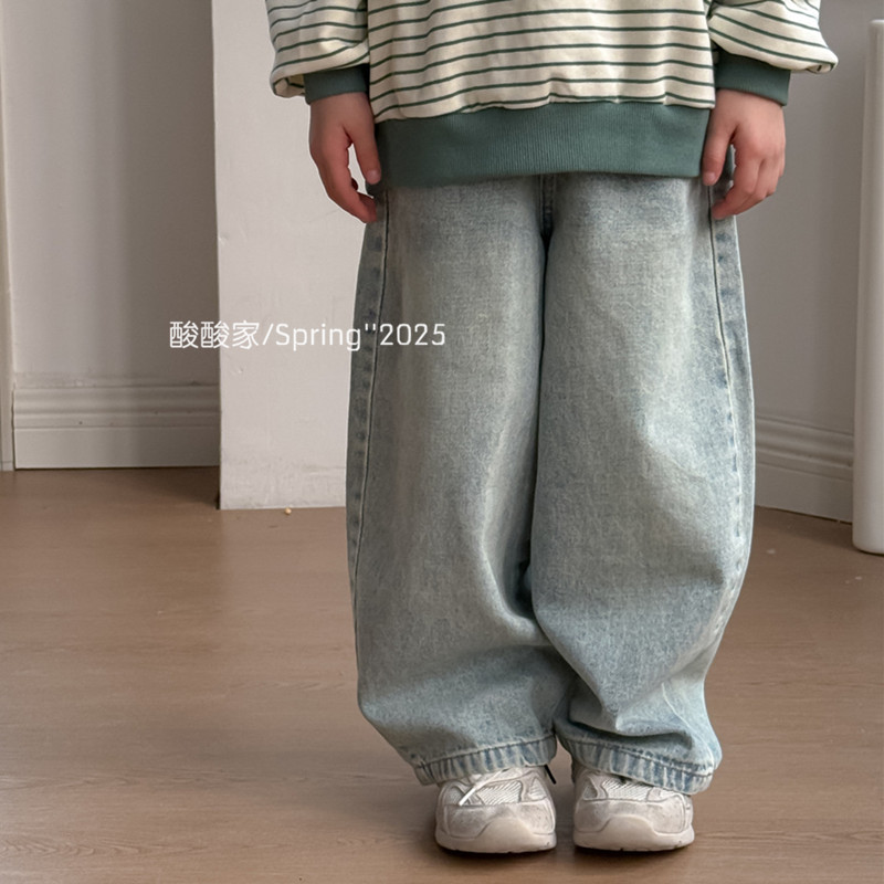 儿童复古水洗做旧纯色休闲牛仔裤