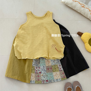 女童黄色纯棉背心春季新品韩系女宝宝休闲宽松百搭刺绣无袖上衣潮