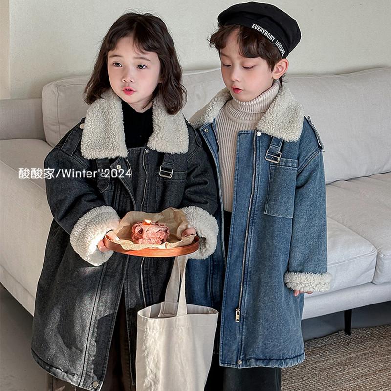 儿童复古羊羔毛牛仔大衣冬季新品韩系男女童洋气加厚中长款外套潮