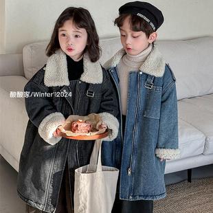 儿童复古羊羔毛牛仔大衣冬季新品韩系男女童洋气加厚中长款外套潮