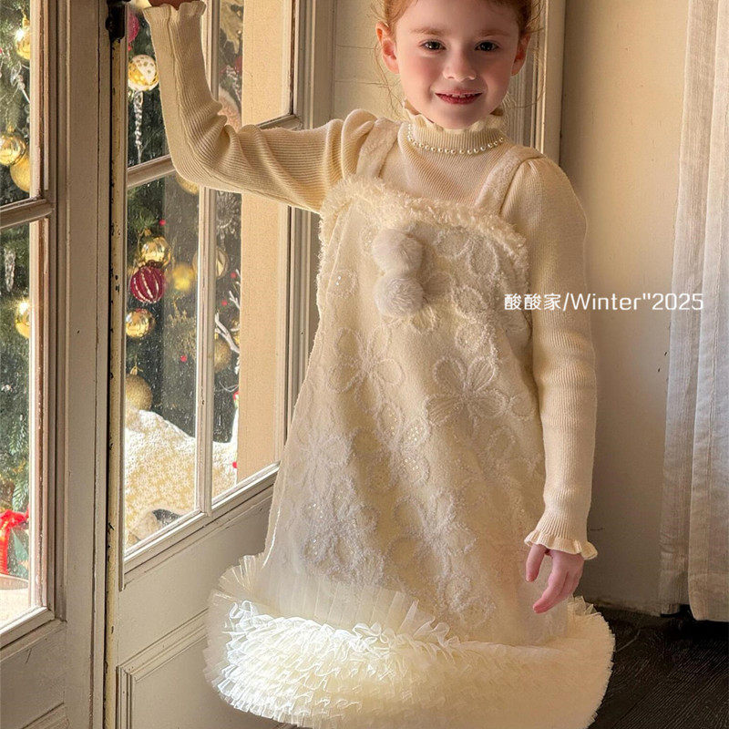 女童裙子米色提花呢吊带裙