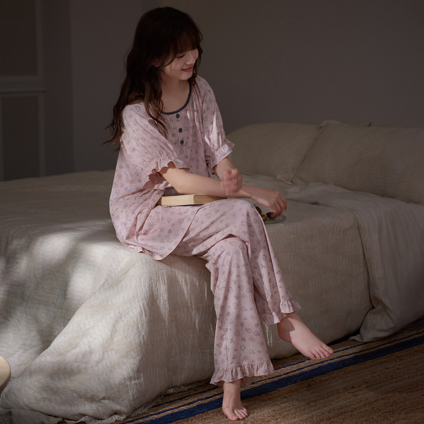 马克公主夏季睡衣女款甜美风卡通好看凉感天丝棉短袖家居服三件套