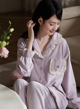 马克公主睡衣女款秋冬长袖加绒小个子海岛绒甜美紫色女士家居服冬