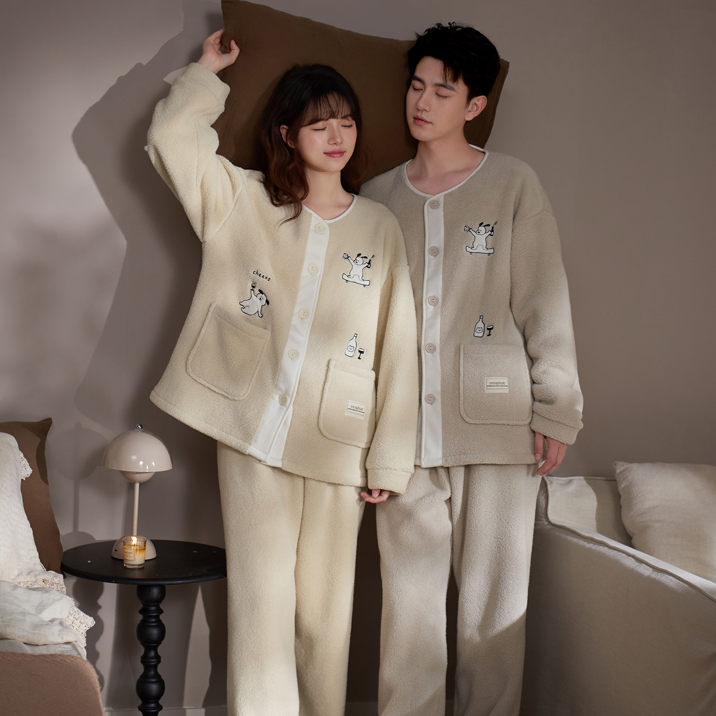 马克公主羊羔绒情侣睡衣女可爱韩系卡通开衫加厚男冬季家居服外穿