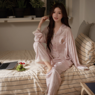 马克公主春夏天睡衣女甜美可爱粉色冰丝长袖独特绝美新中式家居服