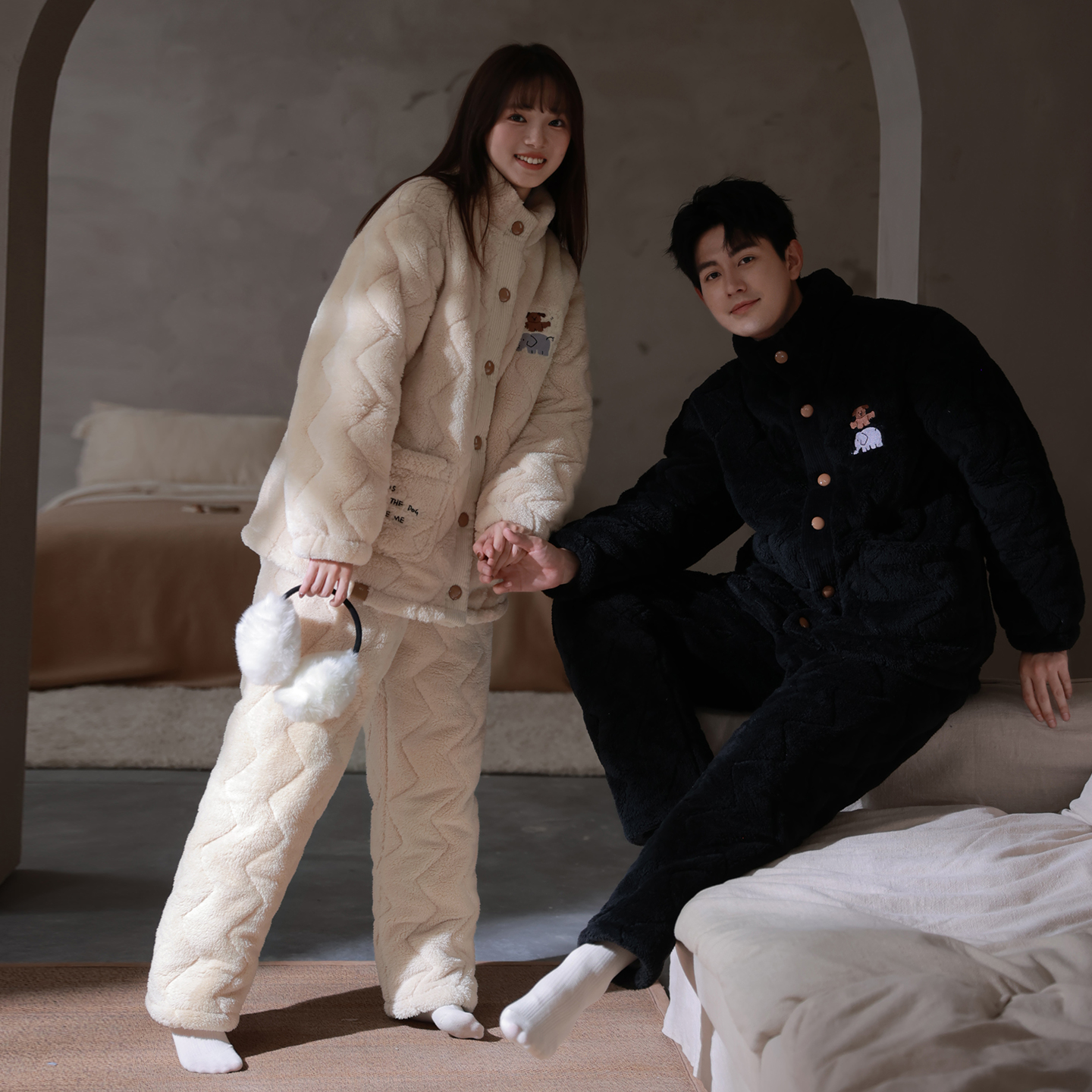 马克公主超厚三层夹棉情侣睡衣冬