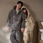 马克公主情侣连帽拉链睡衣女冬季 可爱韩系羊羔绒加厚出门家居服男