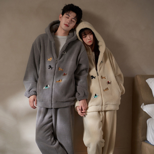 马克公主情侣连帽拉链睡衣女冬季可爱韩系羊羔绒加厚出门家居服男