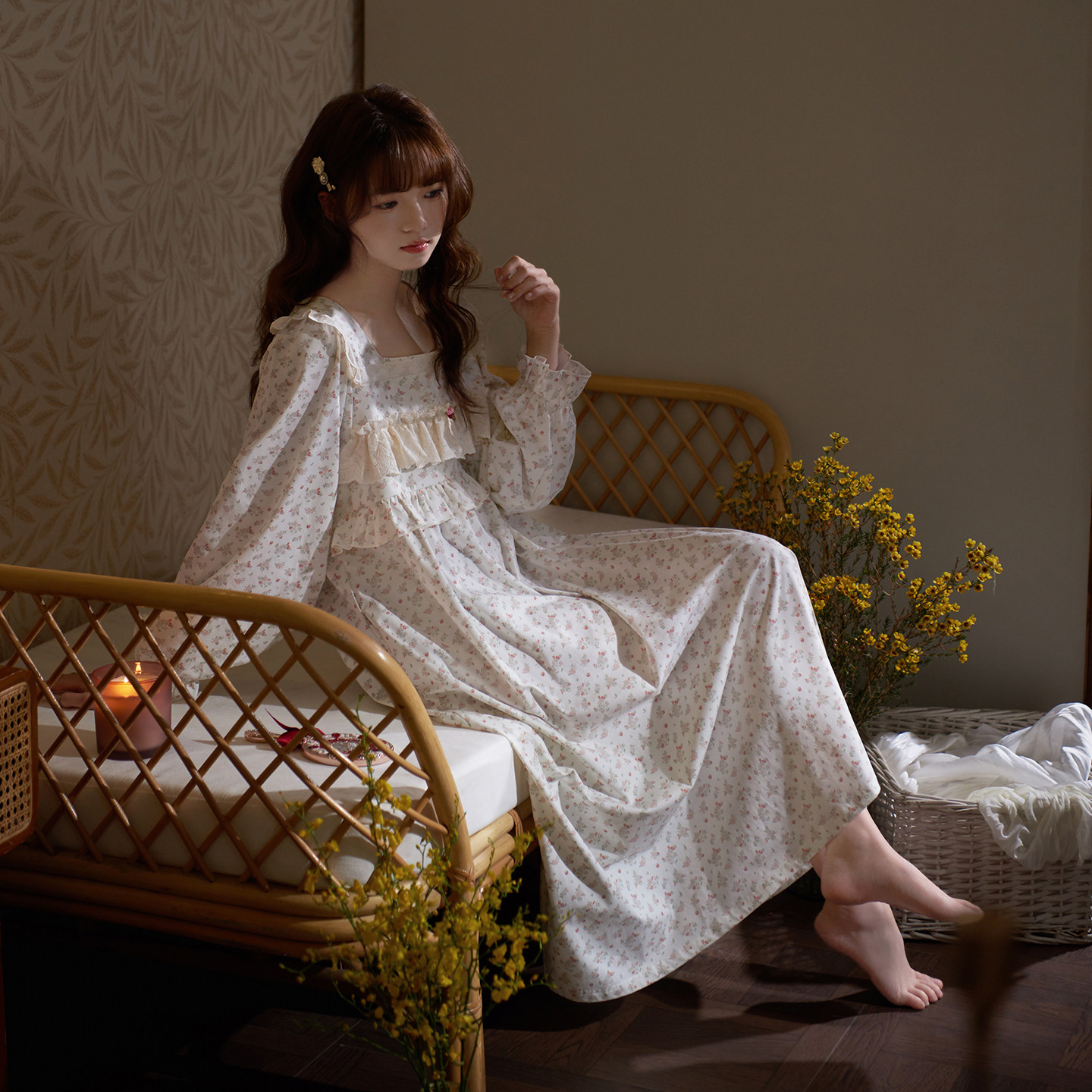 马克公主春秋纯棉碎花睡裙女款法式长袖甜美公主风漂亮睡衣连衣裙