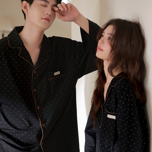 马克公主春秋纯棉情侣睡衣女2026正流行男士黑色波点高级感家居服