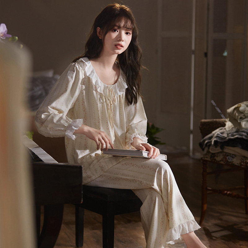 马克公主春秋季睡衣薄款莫代尔甜美长袖女碎花家居服小个子可外穿