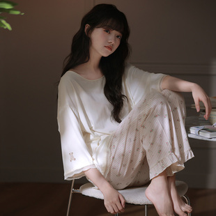 马克公主睡衣女款 夏莫代尔五分袖 长裤 碎花甜美慵懒少女家居服套装