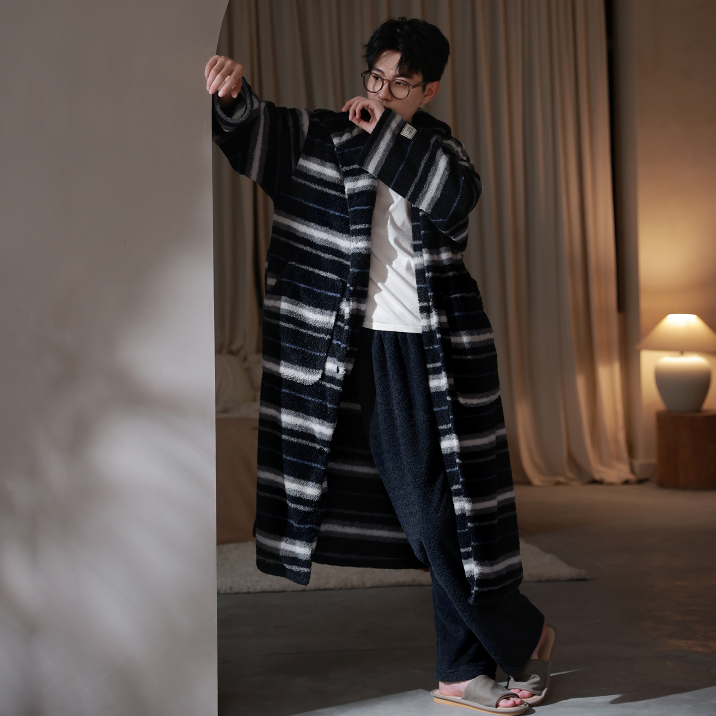 马克公主条纹连帽珊瑚绒睡袍套装