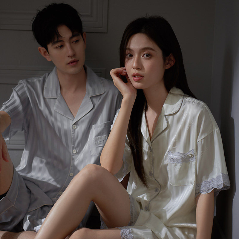 马克公主情侣夏季冰丝凉感短袖条纹睡衣套装男女休闲可外穿家居服