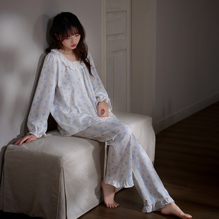 纯棉家居服套装 马克公主温柔法式 甜美花边长袖 碎花睡衣女款 春秋季