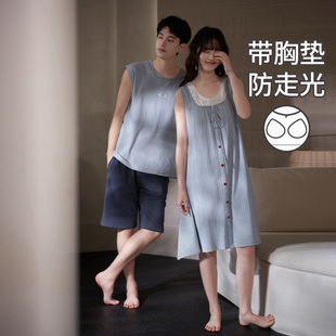无袖 马克公主情侣睡衣女夏季 纯棉甜美花边带胸垫睡裙背心家居服男