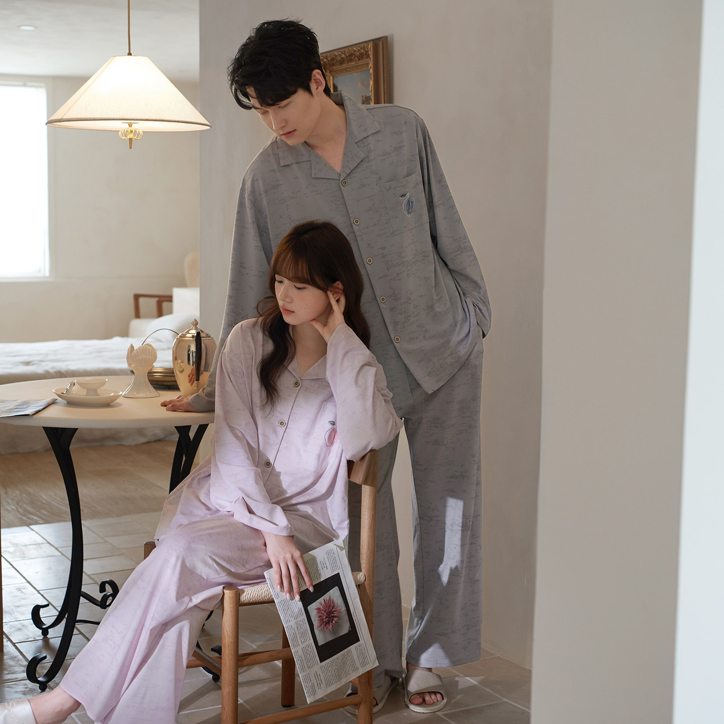 马克公主春秋情侣睡衣女莫代尔贴身舒服长袖简单松弛感男士家居服