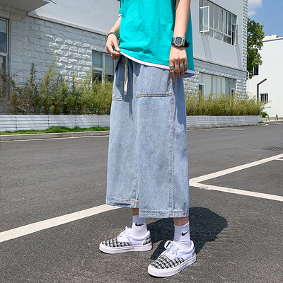 裤子潮牌男休闲七分短裤男夏季薄款浅色牛仔裤男直筒宽松阔腿男裤