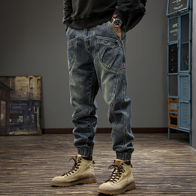 拼接工装牛仔裤男宽松哈伦束脚裤