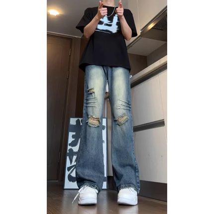 微喇破洞牛仔裤男直筒宽松阔腿美式高街vibe裤子潮牌痞帅炸街长裤