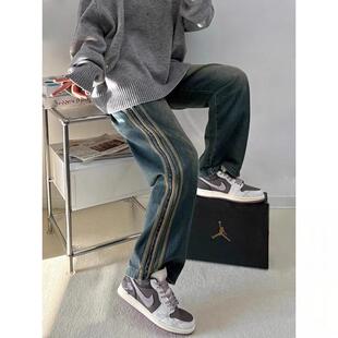 三条杠织带复古牛仔裤男款直筒宽松阔腿美式高街vibe裤子潮流百搭