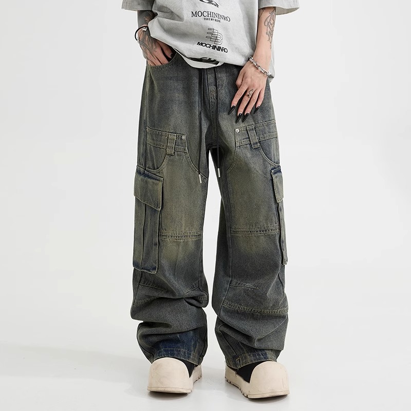 潮标蒂工装阔腿牛仔裤男直筒宽松