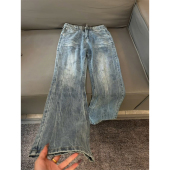 子潮流百搭痞帅复古微喇裤 高街裤 男直筒宽松美式 蓝色闪电纹牛仔裤