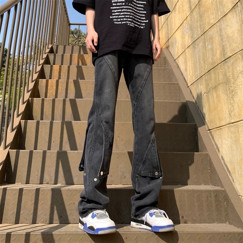 潮标蒂微喇工装牛仔裤男直筒宽松