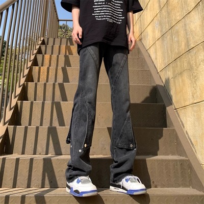 潮标蒂微喇工装牛仔裤男直筒宽松