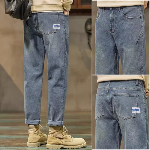 宽松直筒潮牌九分牛仔裤潮标蒂